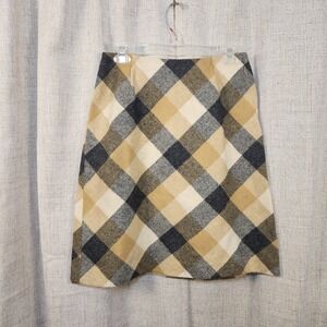 VTG Sears Plaid A-Line Skirt Women's 12 Black/Tan 100% Wool Above Knee Side Zip